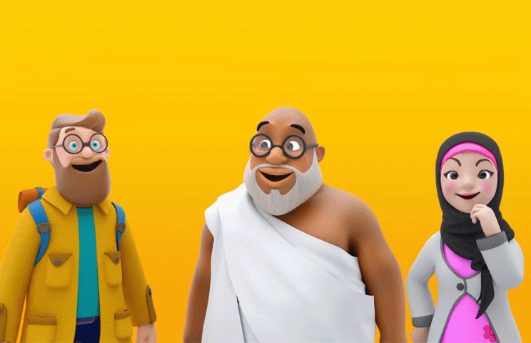 3 muslim character in a yellow background