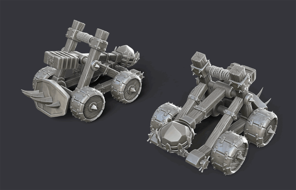 3D art - 3D Vehicle sculpting - 3D sculpting - 3D sculpt of a medieval-style catapult shown from two different angles