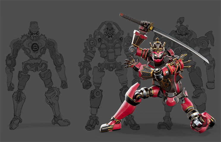 Robot concept art - a robotic character in red and gold armo