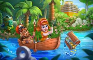2D game art - Illustration- casual game art - 2 characters on a boat with a treasure