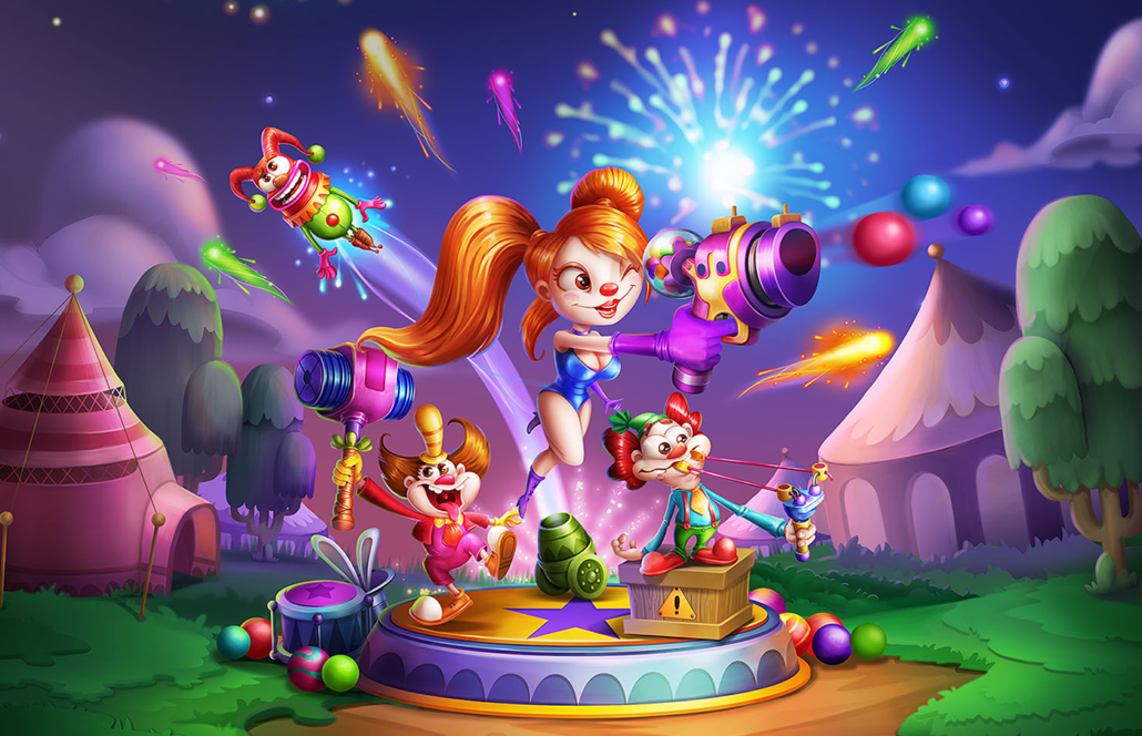 2D game art - Illustration - casual game art - Game characters in a festival with fireworks