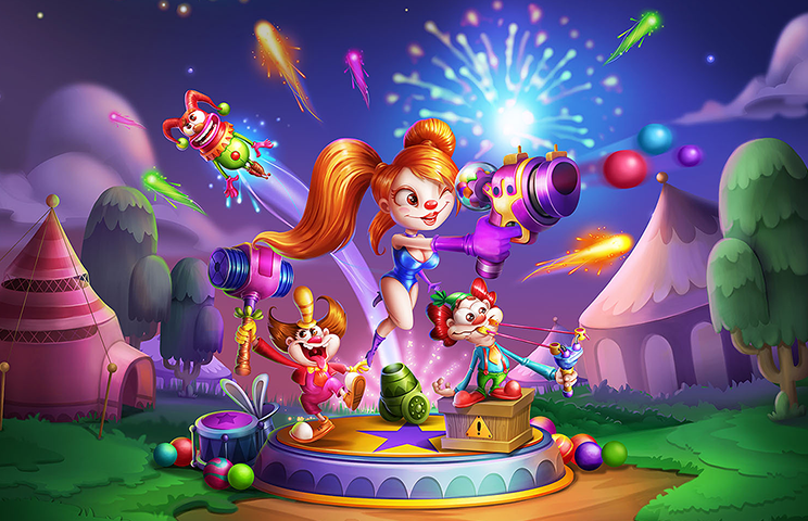 2D game art - Illustration - casual game art - Game characters in a festival with fireworks