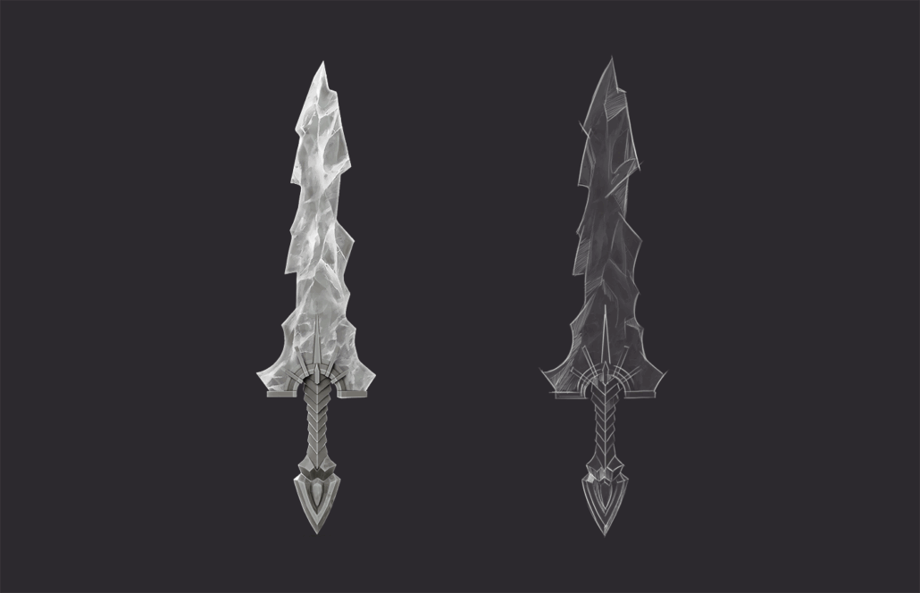 3D Sword sculpting -3D art - 3D sculpting - 3D sculpt of a jagged sword alongside its sketch outline, showcasing intricate design details