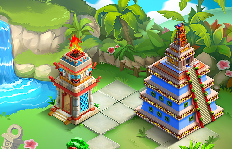 2D game art - game environment design - 2D game environment with assets and character - a fiery ceremonial tower and a colorful, stepped pyramid adorned with intricate details