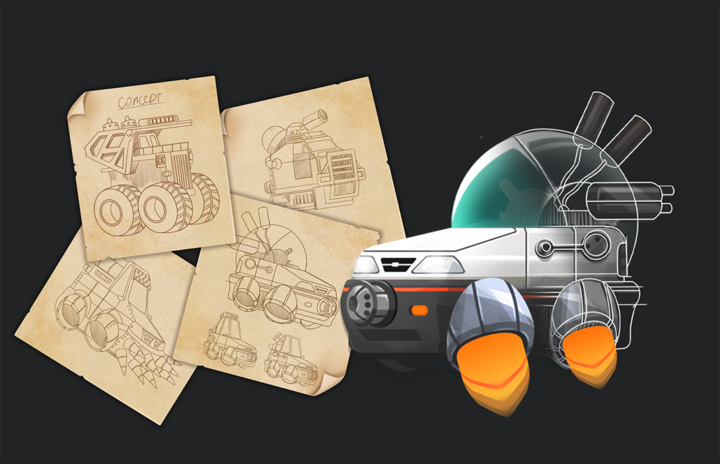 Vehicle concept art - Concept art featuring sketches of a futuristic vehicle on aged paper