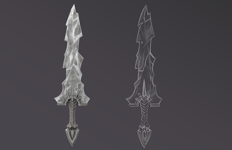 3D Sword sculpting -3D art - 3D sculpting - 3D sculpt of a jagged sword alongside its sketch outline, showcasing intricate design details