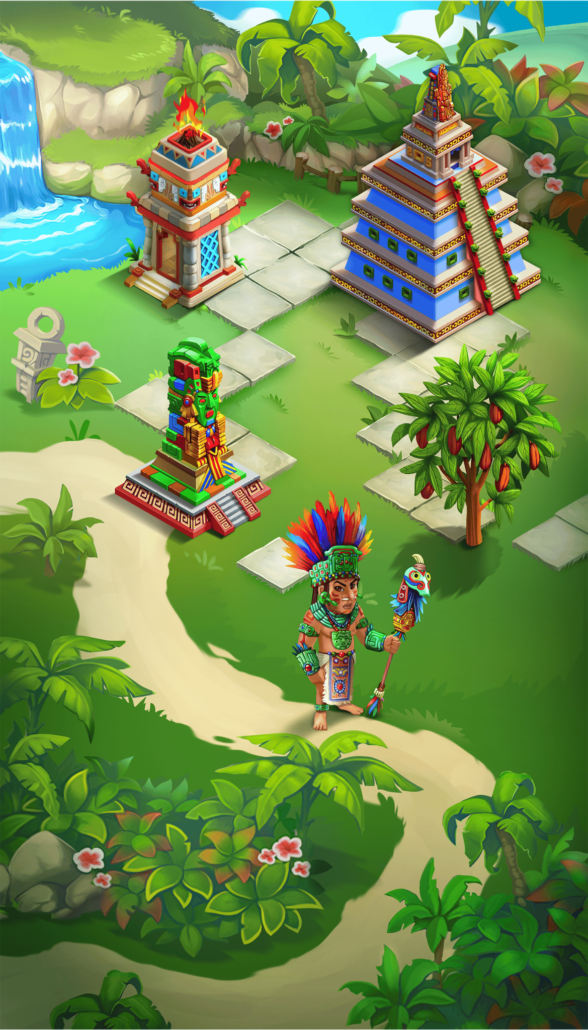 2D game art - game environment design - 2D game environment with assets and character - a fiery ceremonial tower and a colorful, stepped pyramid adorned with intricate details