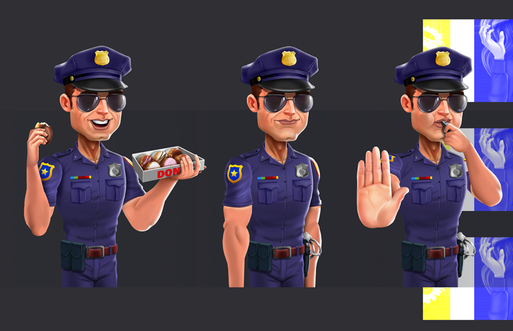 2D policeman character design in 3 poses