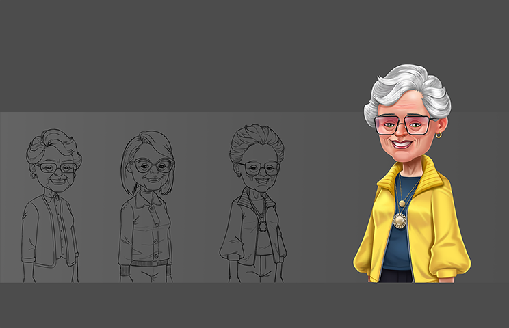 character concept art - Concept art of an elderly woman character with short gray hair and glasses