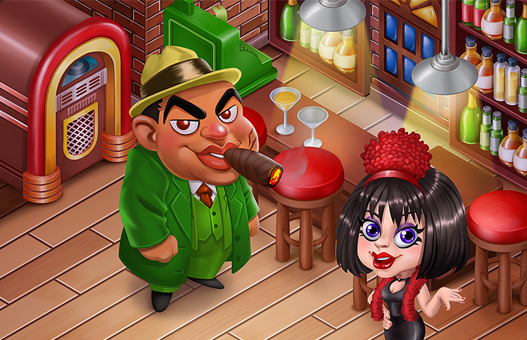 2D game art - game environment design - A gangster in a green suit smoking a cigar and a stylish woman in a red hat