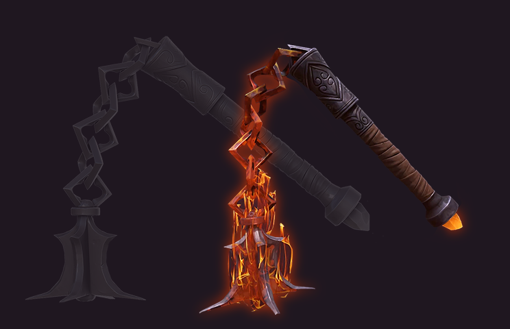 3D game weapon - prop modeling - prop design 3D game art of a fiery flail weapon shown from two different angles