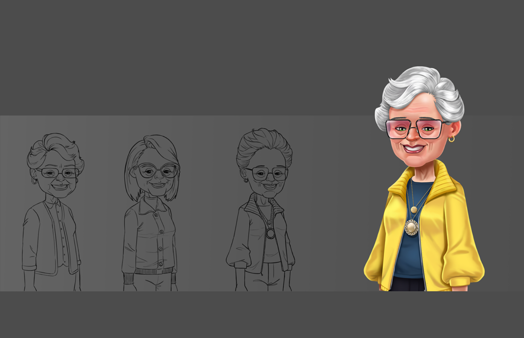 Character concept art -Concept art of an elderly woman character with short gray hair and glasses