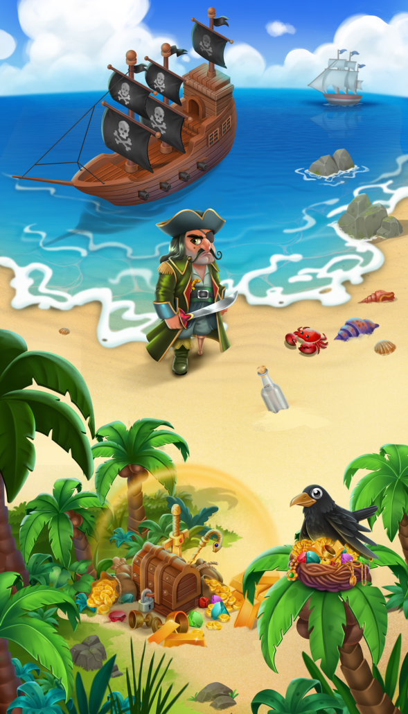 2D game environment design - 2D game art - A pirate with a green beard, wearing traditional pirate attire and holding a sword, stands on the sandy shore