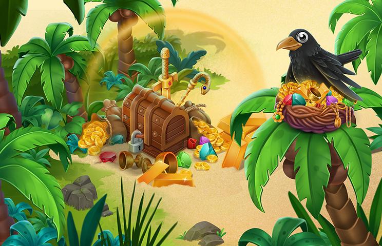 2D game environment design - 2D game art - Game art depicting a tropical treasure scene with lush green palm trees and foliage