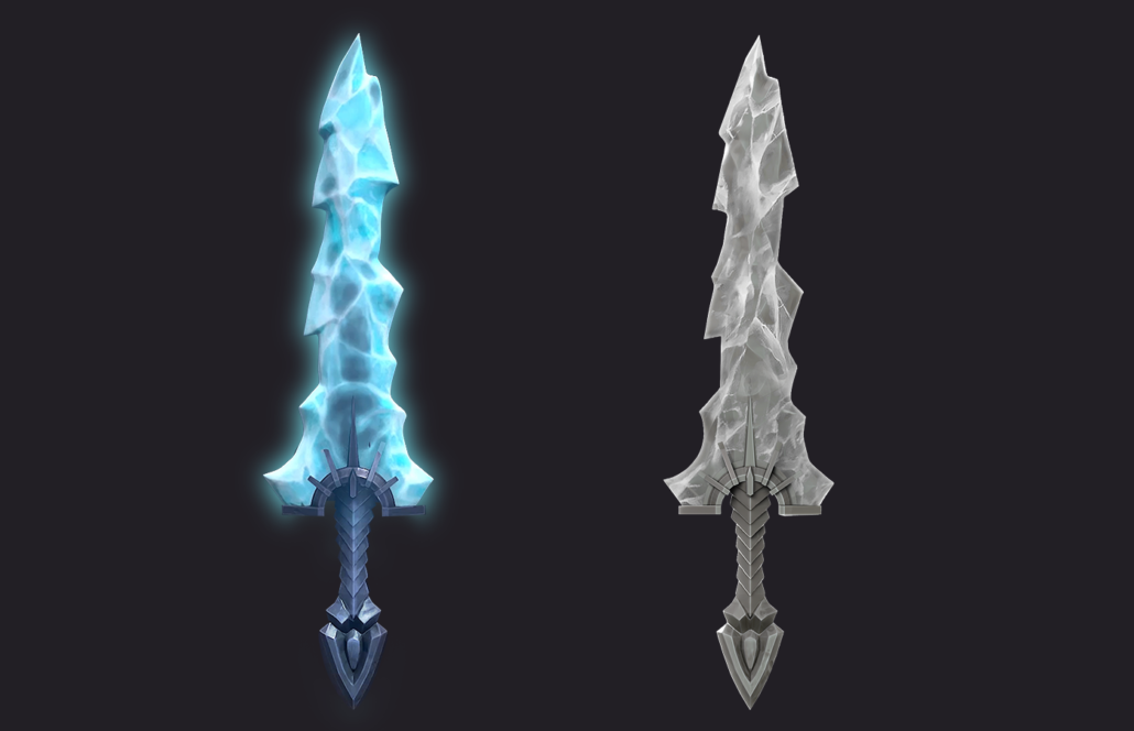 3D game weapon - 3D game art - prop modeling - 3Dprop design - 3D game art featuring a pair of intricately designed swords shown from the front