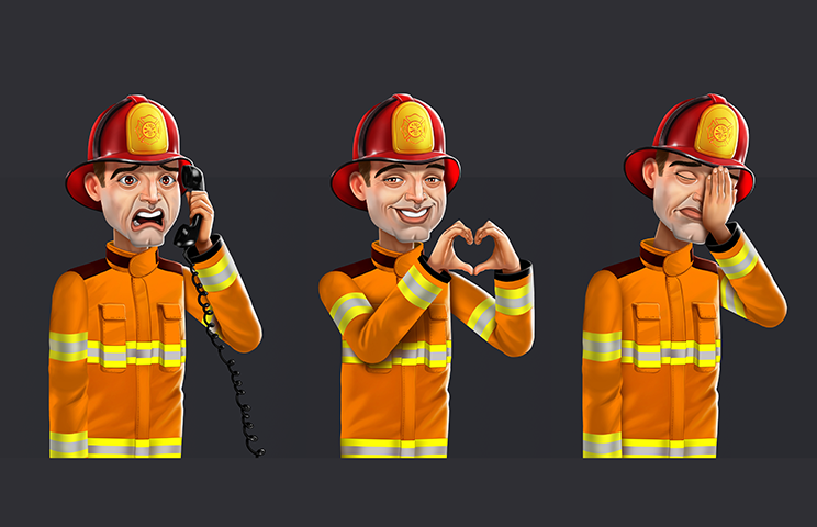 game character design -stylized character design - 2D firefighter character design in 3 poses