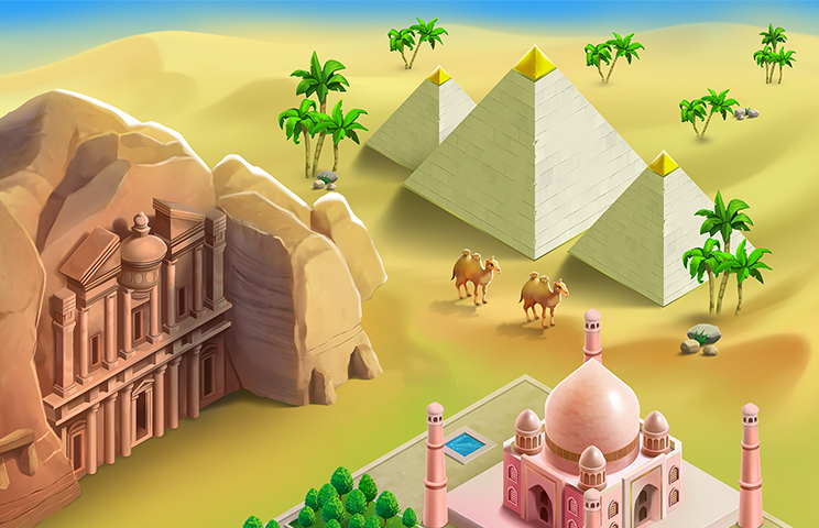 2D game art - game environment design - the rock-carved Petra, the Great Pyramids, and a pink domed building