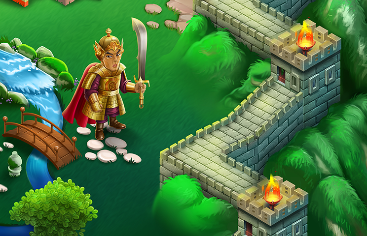 2D game art - game environment design - A game character in golden armor with a red cape, holding a sword