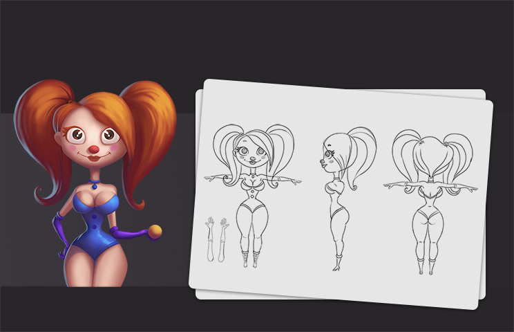 Character concept art- model sheet - Concept art of a cartoon female character with bright red hair