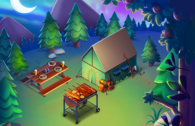 2D game art - game environment design -A nighttime outdoor camping scene with a barbecue grill cooking food, a picnic table set with plates