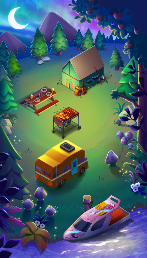 2D game art - game environment design - A nighttime outdoor camping scene with a barbecue grill cooking food and a picnic table set with plates and drinks, a small cabin, and a yellow camper van