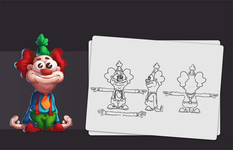 Character concept art - mod sheet - Concept art of a cartoon clown character with green and red hair