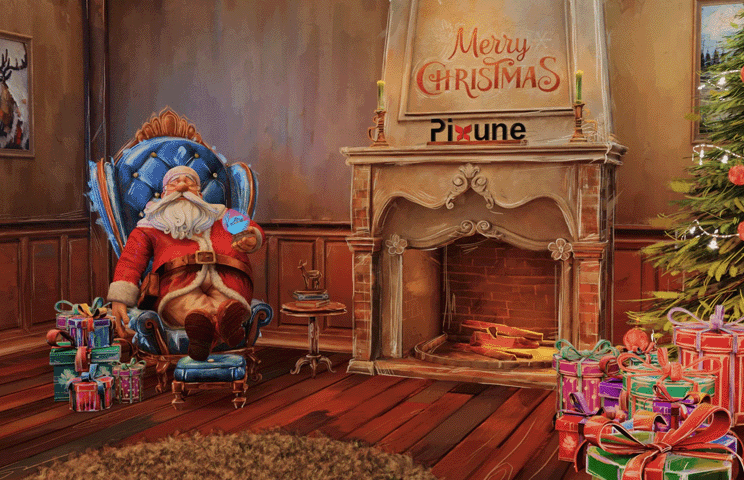 Santa is sleeping on the chair with several gifts around