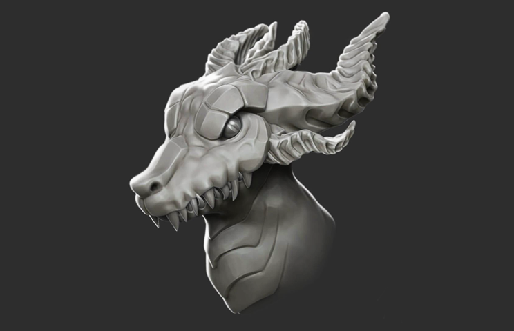 3D sculpting - 3D character sculpting - 3D art - 3D sculpt of a dragon head with intricate details, featuring large horns and sharp teeth