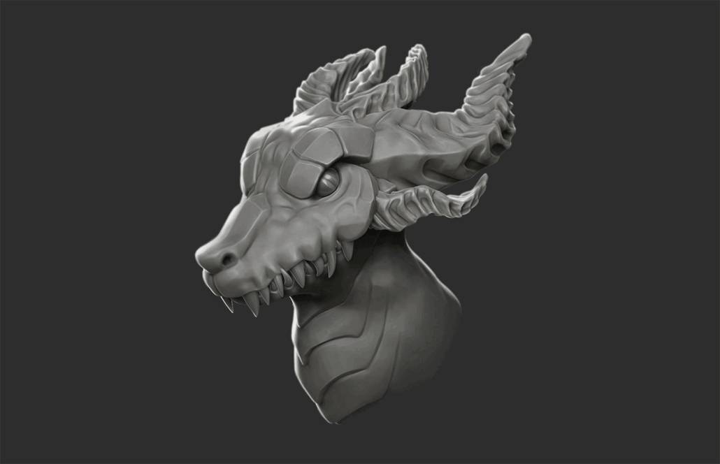 3D sculpting - 3D character sculpting - 3D art - 3D sculpt of a dragon head with intricate details, featuring large horns and sharp teeth