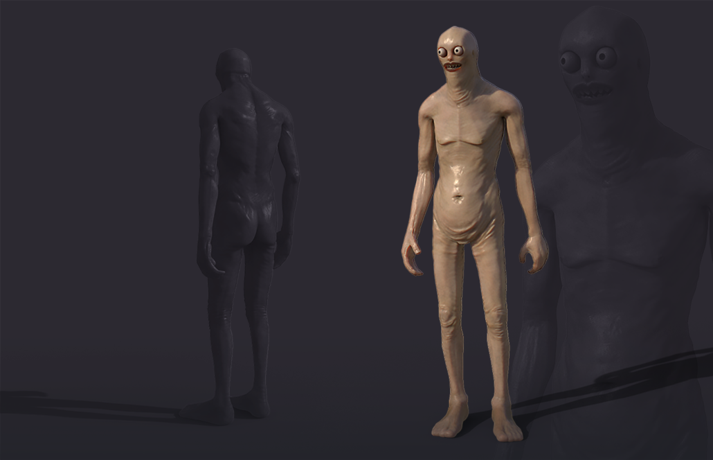 3D creature design-a character with pale skin, bulging eyes