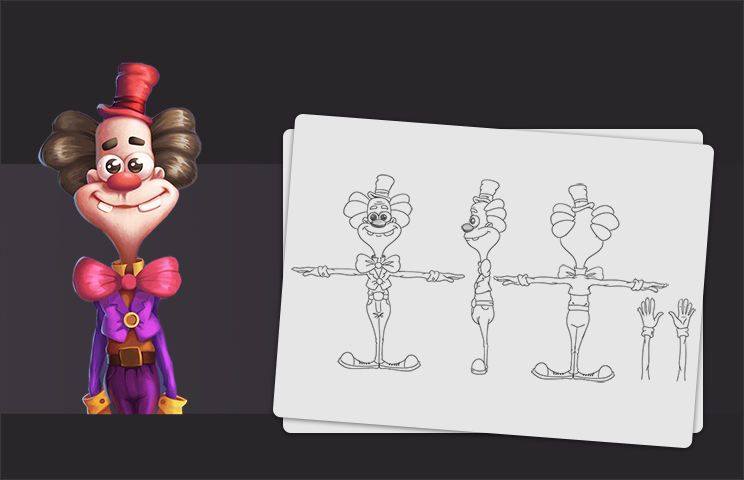 Game Character concept art - model sheet - Concept art of a cartoon clown character with pink hair in two buns