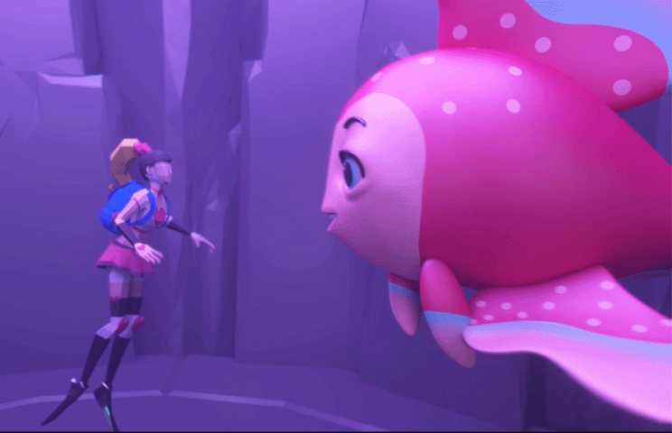 A girl and a fish looking at each others
