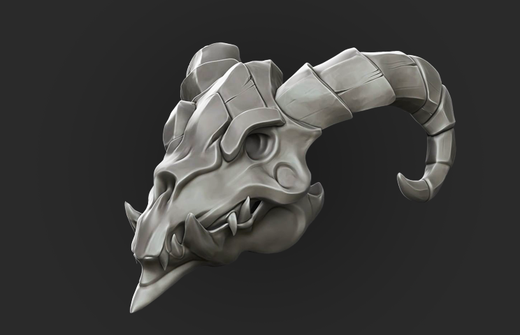 3D sculpting - 3D art - 3D modeling - 3D character sculpting - 3D sculpt of a dragon skull with large curved horns and sharp teeth