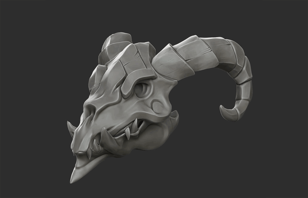 3D sculpting - 3D art - 3D modeling - 3D character sculpting - 3D sculpt of a dragon skull with large curved horns and sharp teeth