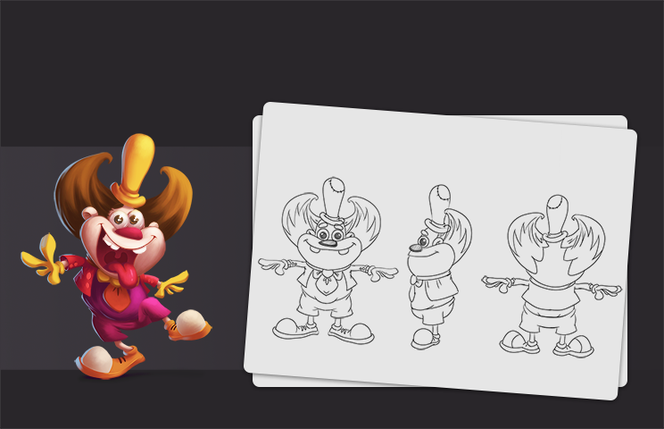 Game Character concept art - character model sheet - Concept art of a cartoon clown character with yellow and red hair