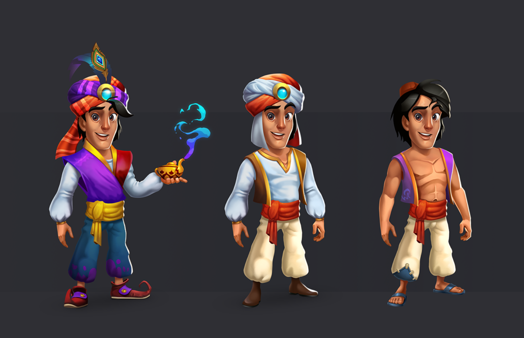 Aladdin 2D character design in 3 versions