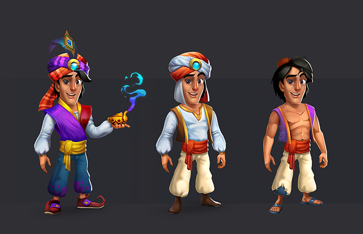 Aladdin 2D character design in 3 versions