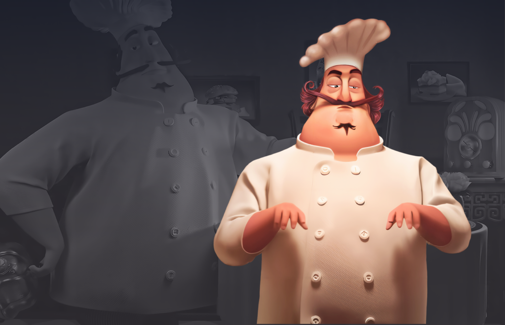 3D character design - a chef with a large mustache and a chef's hat