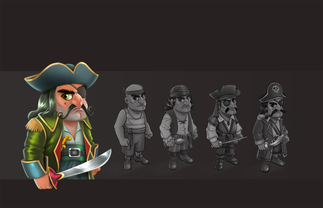 Game Character concept art - Concept art of a cartoon pirate character with a green beard