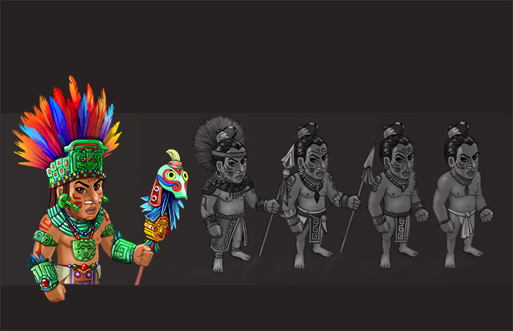 Game character concept art - Concept art of a colorful cartoon character wearing a feathered headdress and holding a staff with a parrot