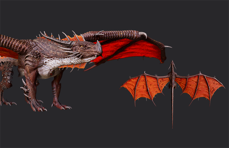 3D creaature design - a dragon with reddish-brown scales and large red wings