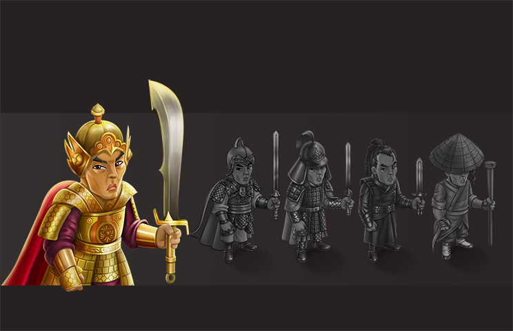 character concert art - Concept art of a cartoon warrior character wearing golden armor and holding a large sword