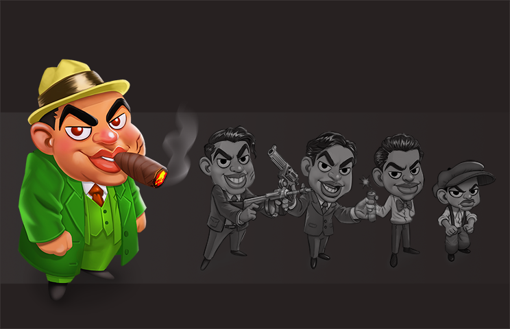Game character concept art - Concept art of a cartoon gangster character wearing a green suit and hat