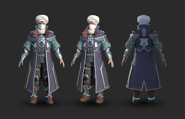 3D game character modeling - a character wearing a dark blue robe with intricate patterns