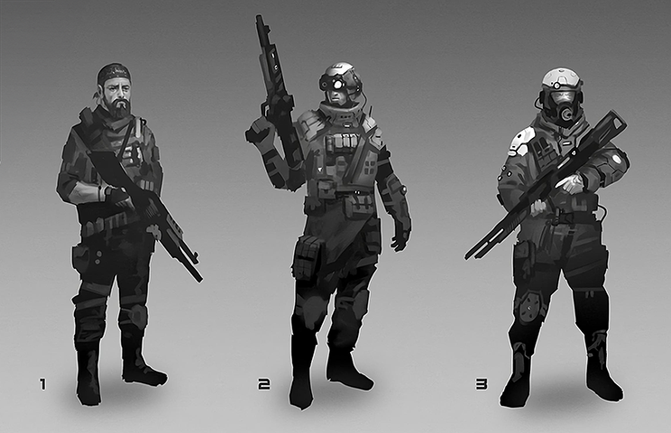 character concept art - Character black and white concept art - Concept art of a futuristic soldier in advanced armor, holding a large rifle