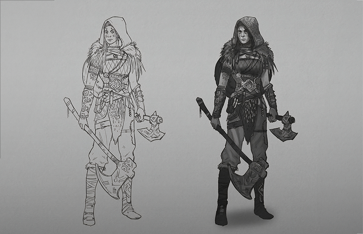 character concept art - Character black and white concept art - Concept art of a hooded warrior character holding an axe