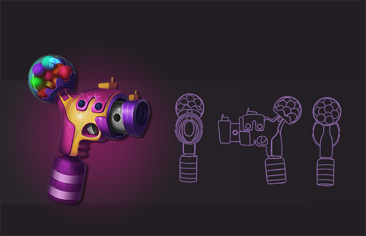 2D game art - weapon model sheet - weapon concept art - 2D game weapon design - A colorful gun with a round chamber filled with multi-colored balls