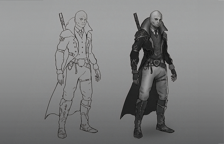 character concept art - Character black and white concept art - Concept art of a bald warrior character holding a sword,