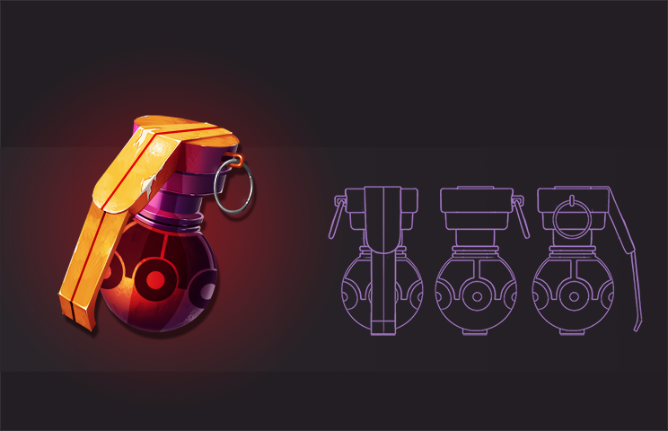 2D game weapon design-prop design - game art - Game art of a stylized grenade featuring a sleek design with an orange handle and a red, spherical body with circular patterns