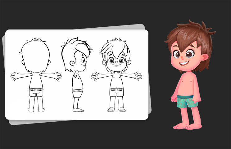 Character concept art - character model sheet - Concept art of a cartoon boy character with brown hair
